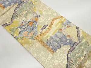 屏風に松・花々・鴛鴦模様織出し袋帯